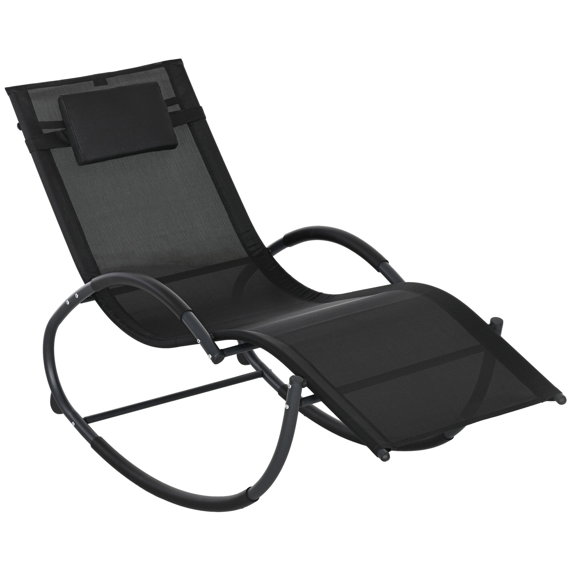 Outsunny Chaise longue à bascule, transat de jardin, bain de soleil, avec tétière, rocking chair, textilène, utilisation extérieure intérieure, noir