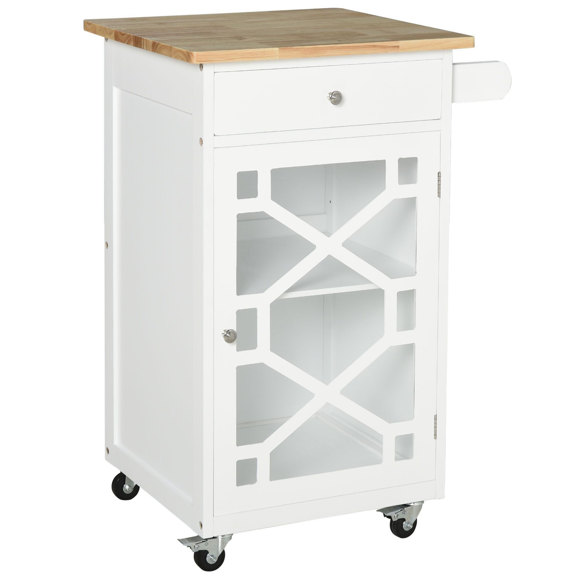 HOMCOM Carrello di servizio - carrello da cucina su ruote - cassetto, armadio, porta asciugamani - dim. 63L x 45l x 86H cm - struttura in legno bianco