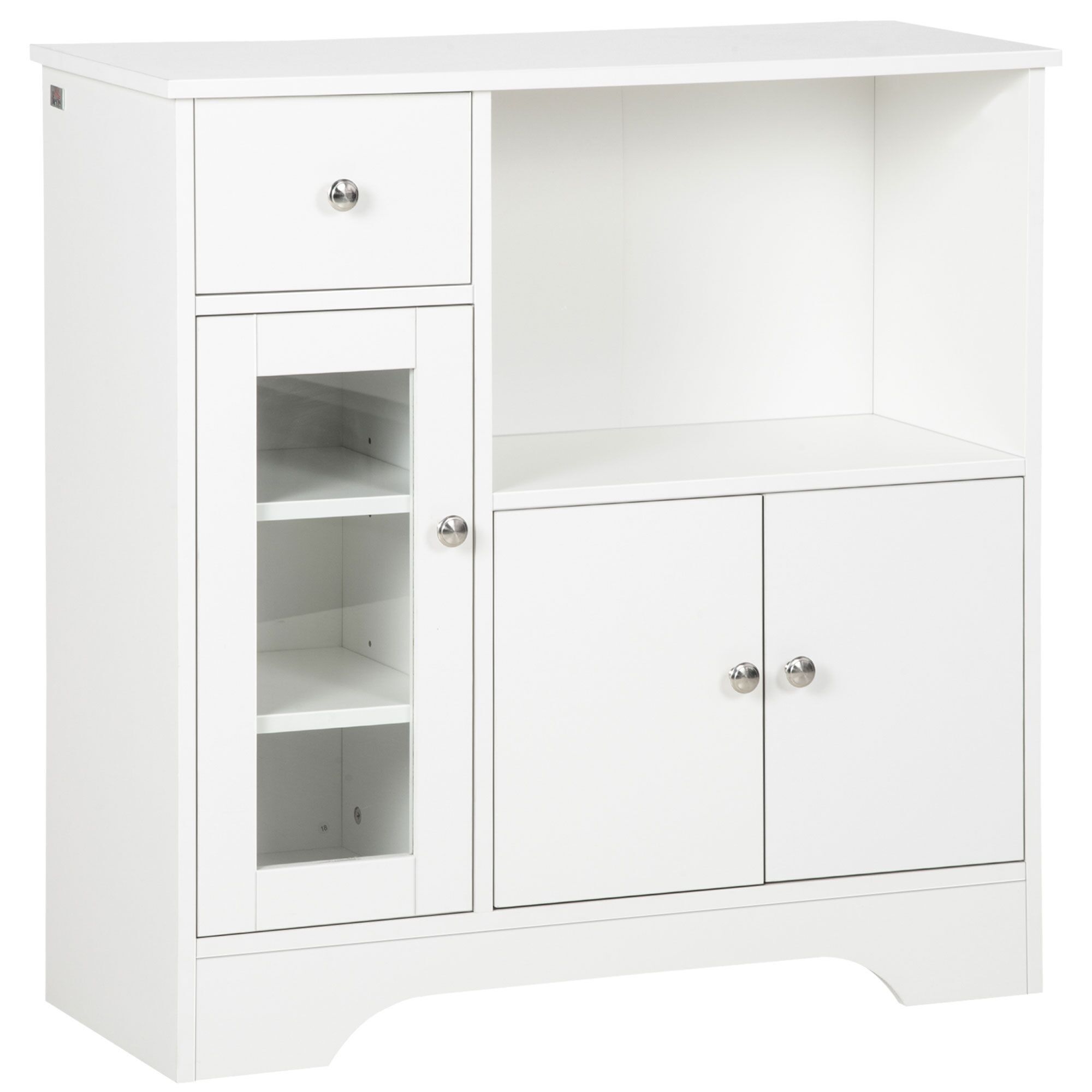 HOMCOM Credenza da cucina moderna, mobile contenitore con anta in vetro, cassetto, ampia nicchia e ripiani regolabili, 80 x 30 x 82 cm, bianco