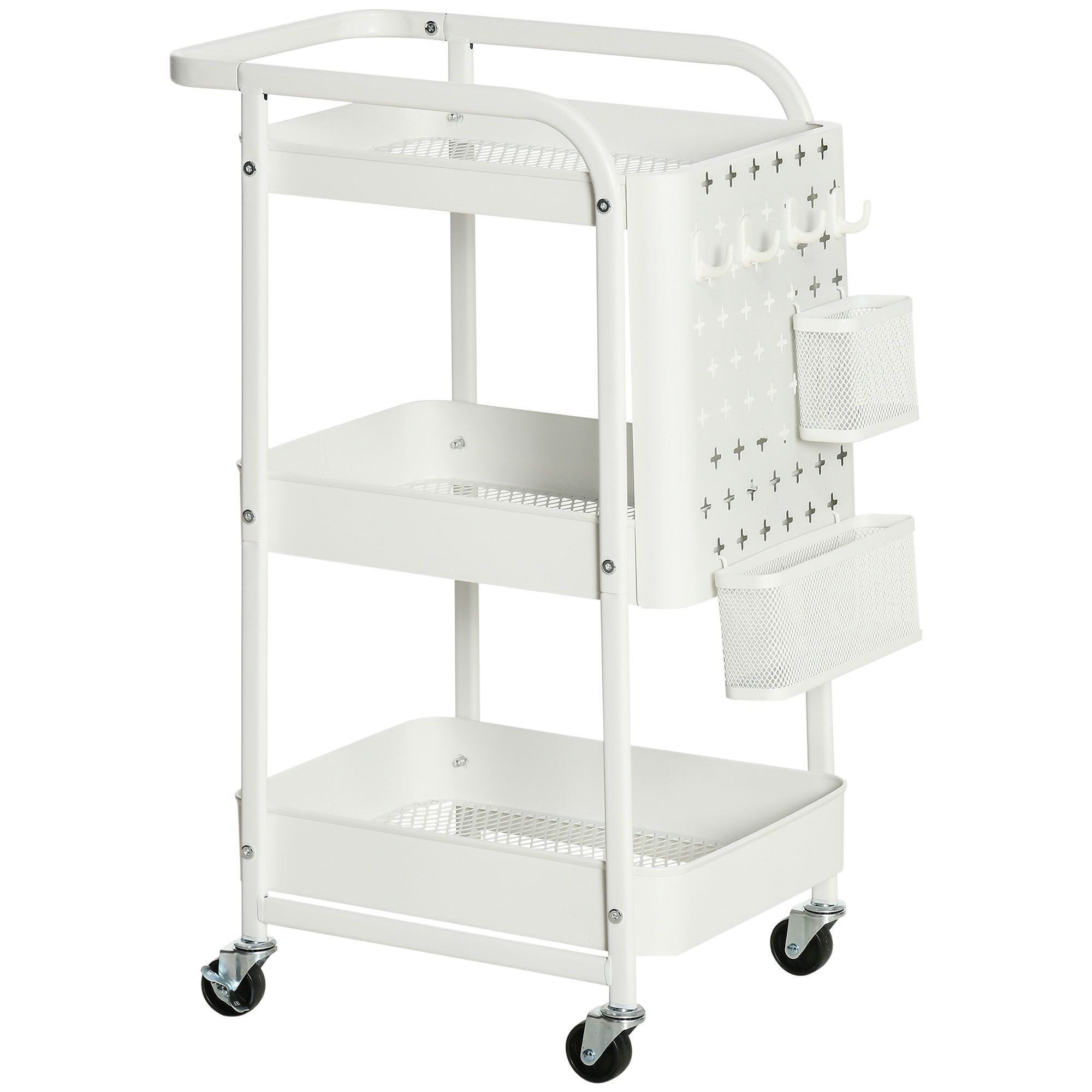 HOMCOM Carrello portaoggetti da ufficio in metallo carrello di servizio su ruote 3 livelli con 2 portaposate 4 ganci dim.51,5 L x 32 L x 75,6 A cm - bianco