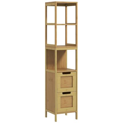kleankin Meuble Colonne Rangement Salle de Bain Style Cosy dim. 30L x 30l x 144H cm 3 étagères 2 tiroirs Bambou Naturel