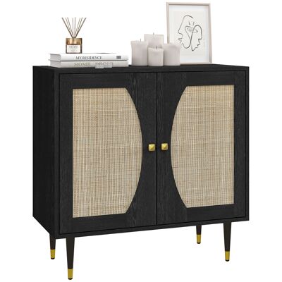 HOMCOM Buffet de cuisine meuble de rangement design bohème double portes avec 2 niveaux, façade en rotin 80 x 38 x 79 cm noir