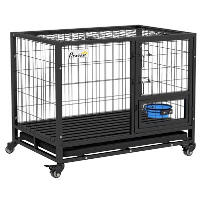PawHut Gabbia per cani Gabbia trasporto animali su ruote con 2 ante con serratura supporto ciotola vassoio estraibile in acciaio dim. 92 L x 62 L x 73 A cm nero