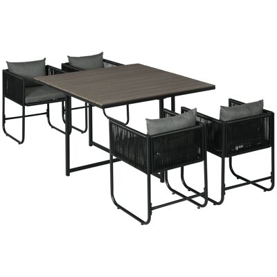 Outsunny Set di mobili da giardino tavolo e sedia da giardino da 5 pezzi con 1 tavolo e 4 poltrone moderne 8 cuscini tavolo in composito piano in aspetto legno nero