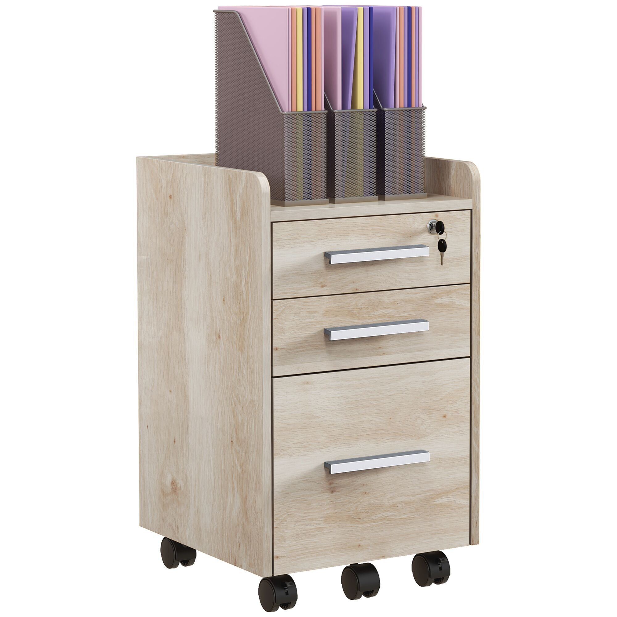 HOMCOM Mueble de escritorio de oficina con ruedas 3 cajones 1 con cerradura 1 clasificador de archivos Tablero de partículas MDF beige
