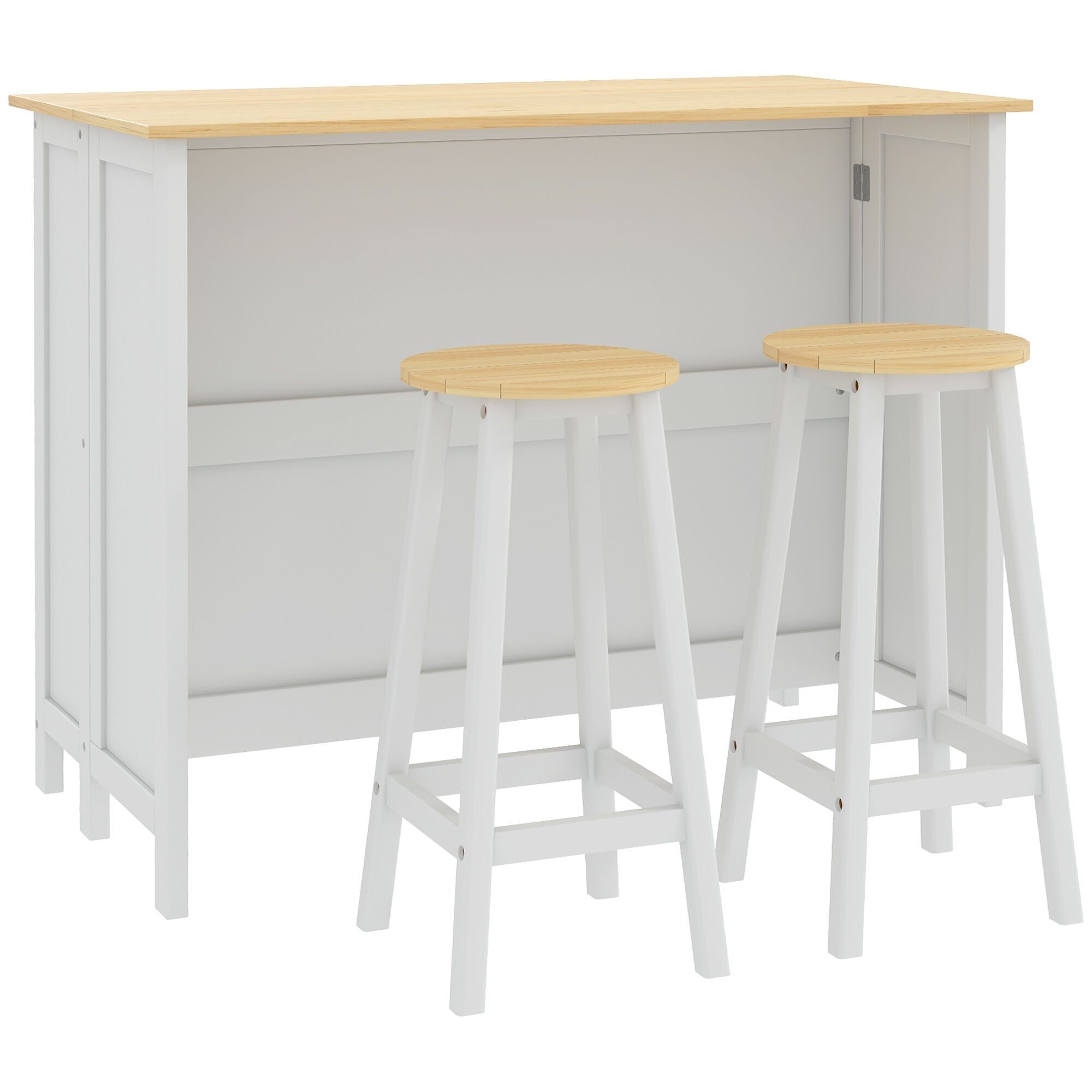 HOMCOM îlot central de Cuisine avec 2 tabourets, Ensemble Table et Tabouret de Bar avec rangement et Plan de Travail Rabattable, 2 armoires 4 Portes, Design Moderne, Blanc