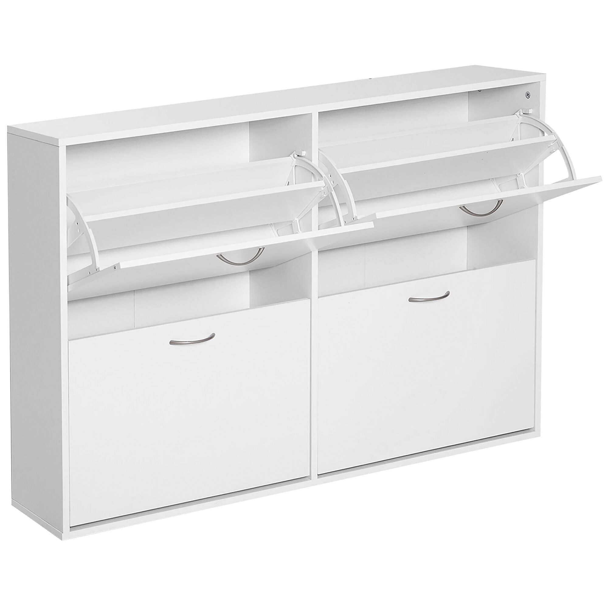 HOMCOM Armoire à Chaussures Meuble à Chaussures Grande Taille dim. 120L x 24l x 81H cm 4 Portes abattantes Double Niveau en Bois Blanc