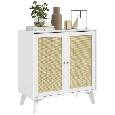 HOMCOM Low sideboard, storage unit, bohemian design, double doors with 2 levels, kitchen sideboard with rattan front, 80 x 40 x 85 cm, white