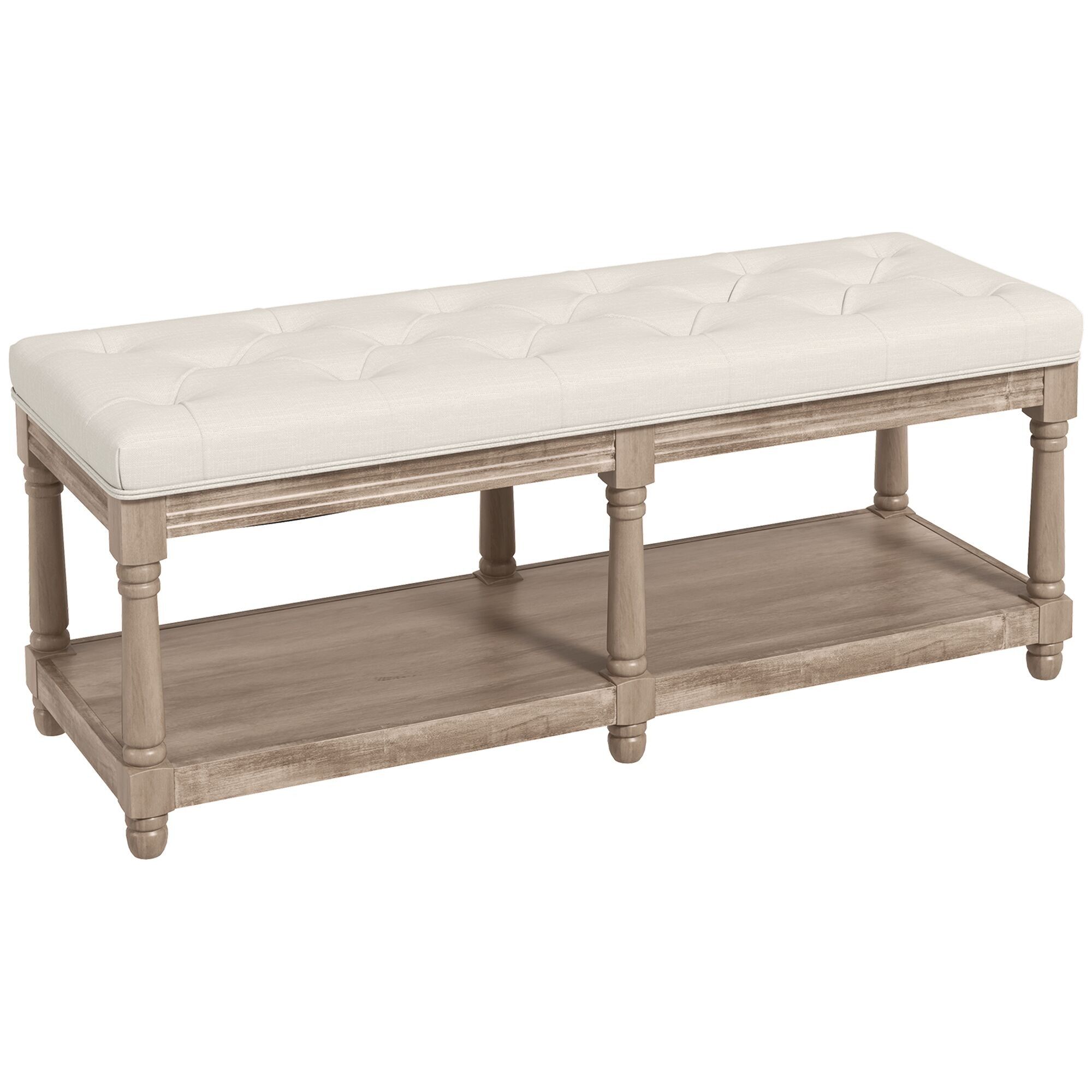 HOMCOM Banco zapatero acolchado Estilo Clásico Estante de 2 niveles 115 cm Final de cama Tapizado en base de lino Madera tallada Lino Beige