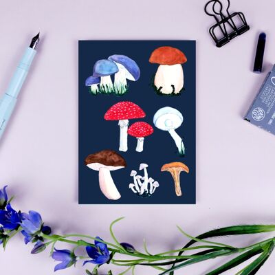 Carte postale champignons bleu