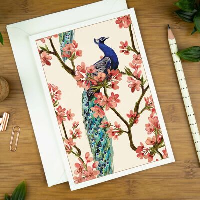 Peacocks & Blossoms, Bird Art Greeting Card.
