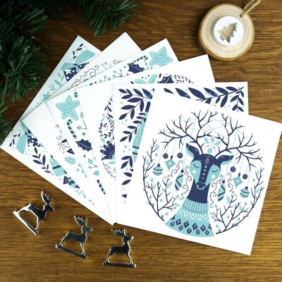 Invierno escandinavo, azul, tarjetas de Navidad de lujo.