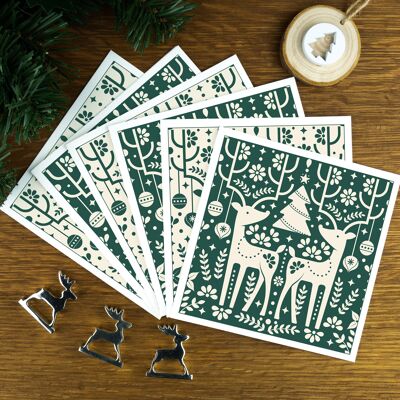 Los renos, verde, paquete de tarjetas navideñas de lujo.