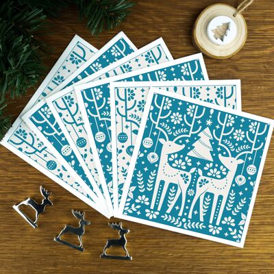 Los renos, verde azulado, paquete de tarjetas navideñas de lujo.