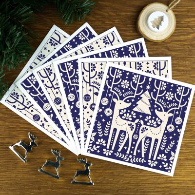 Le renne, blu, pacchetto di biglietti di Natale di lusso.