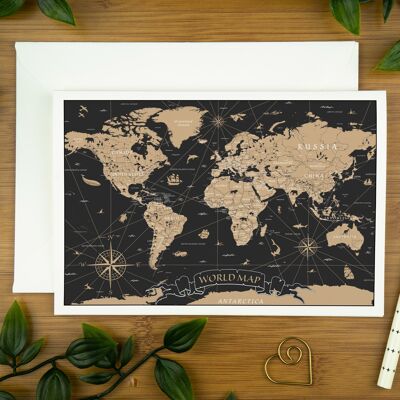 Impresión de mapa del mundo vintage, tarjeta de felicitación peculiar y única.
