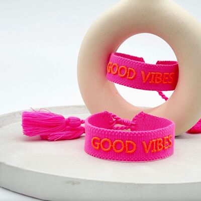 GOOD VIBES statement bracelet woven, embroidered neon pink neon orange