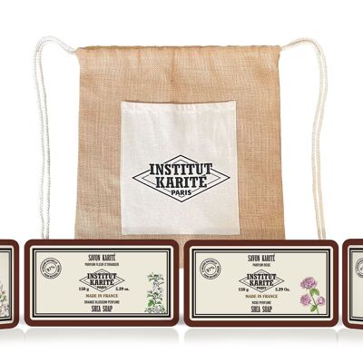 Sac à Dos en Jute – 4 Savons 150G Vintage (Crème de Lait, Verveine, Rose, Fleur d’oranger)