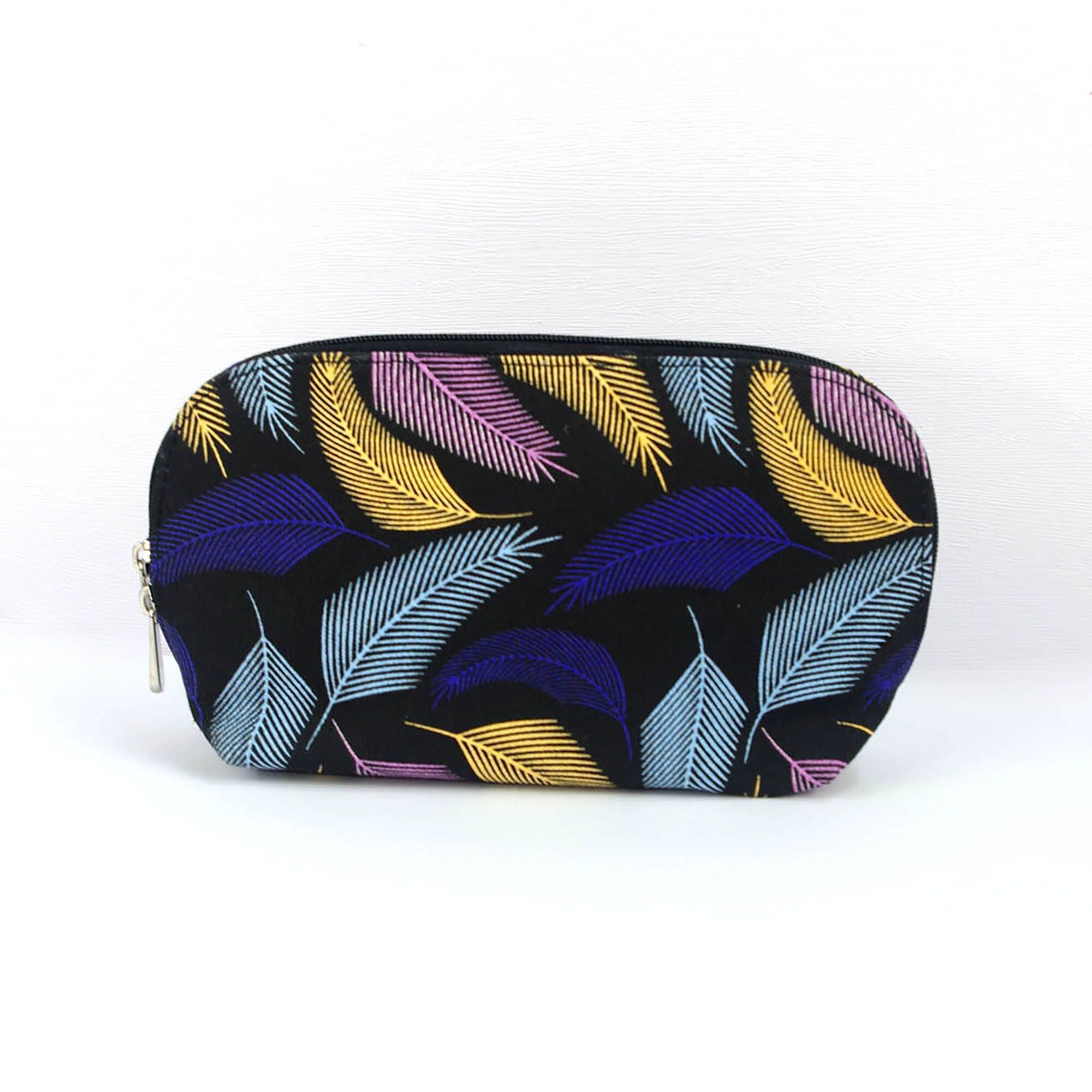 Canvas Wash Bag /Makeup Pouch  - Black Feathers