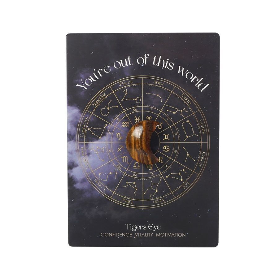 Biglietto d'auguri con luna di cristallo e occhio di tigre fuori dal mondo