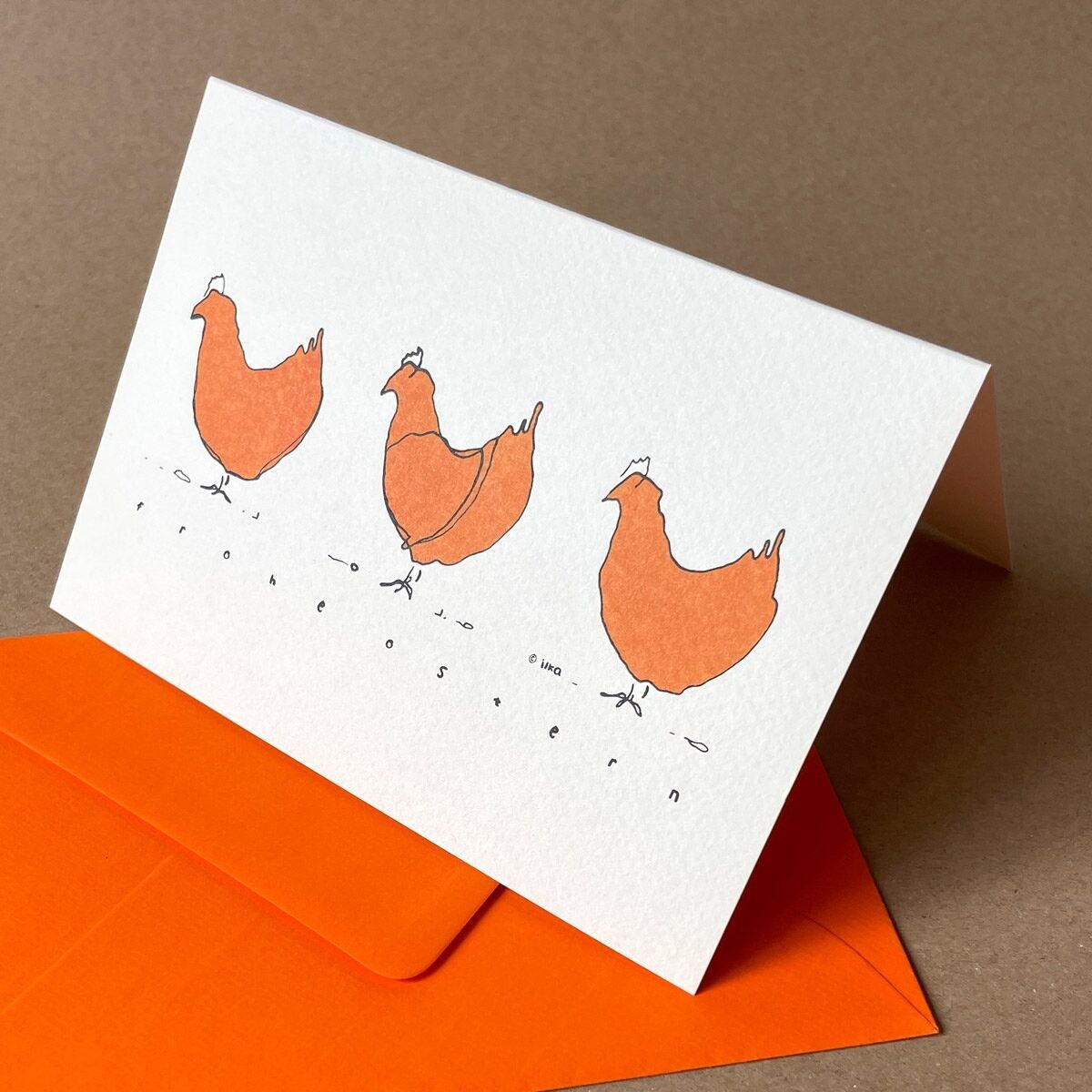 Tre galline + buona Pasqua - Biglietto di Pasqua con busta arancione