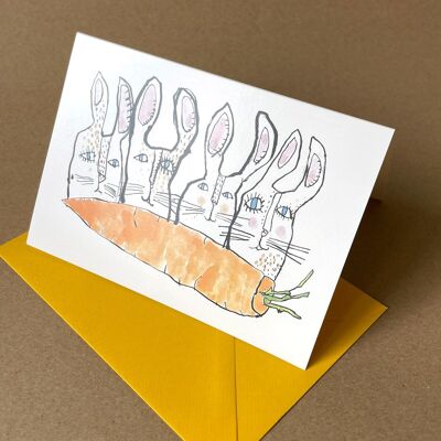 quatre lapins, une carotte - carte de voeux avec enveloppe colorée