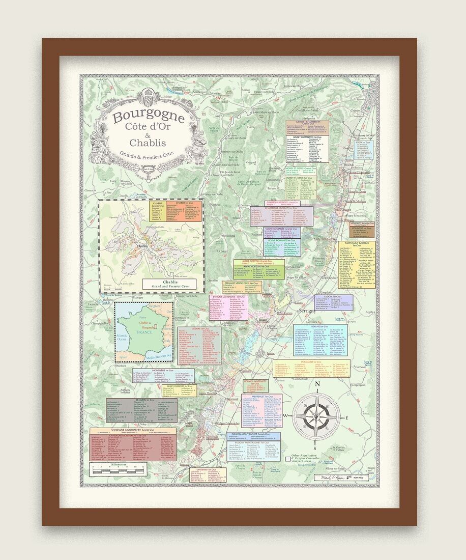 Bourgogne wine map The Grand and Premier Crus of Chablis and the Cote D'Or
