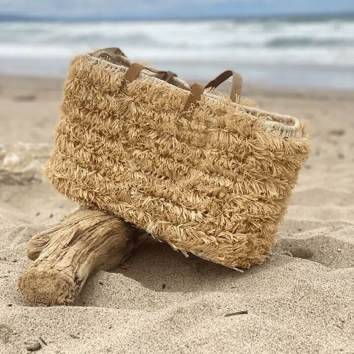 Sac de plage en raphia avec anses en cuir - Cabas d'été doublé avec fermeture à cordon