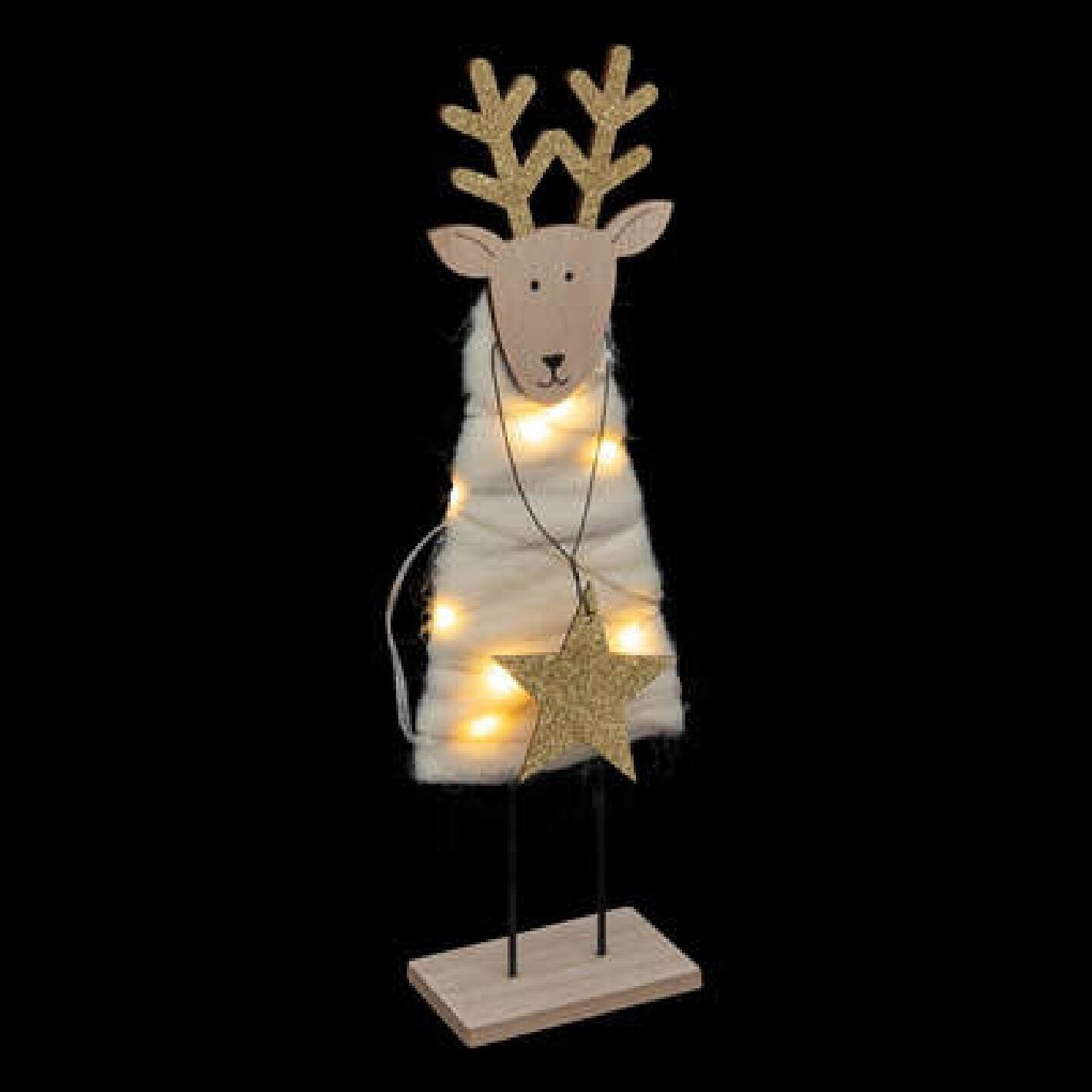 Decorazione Renna in Legno Con LED Lana 30Cm