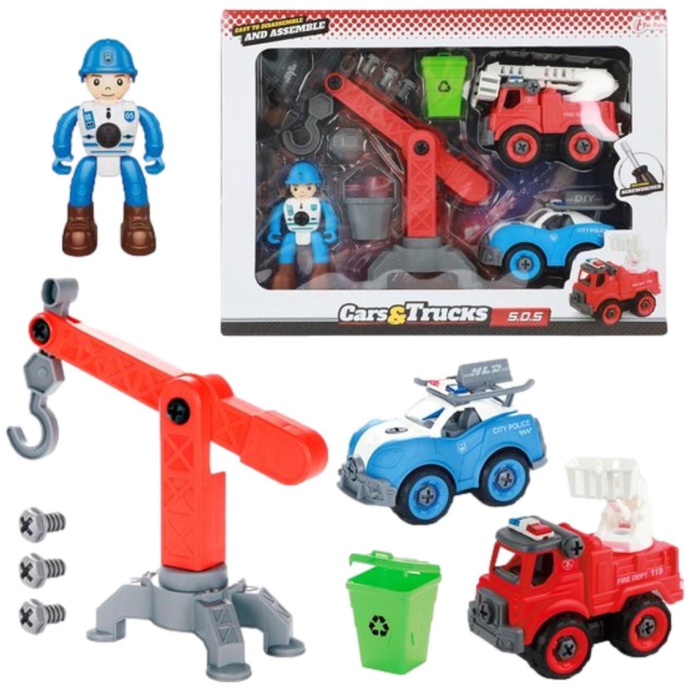 Set da gioco per servizi di emergenza con veicoli e gru
