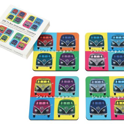Volkswagen VW T1 Combi Dessous de verre, Set de 4 – multi coleur, BUCO40