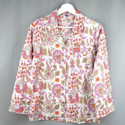 Pijama largo de algodón con bolsito - Blanco con flores rosas