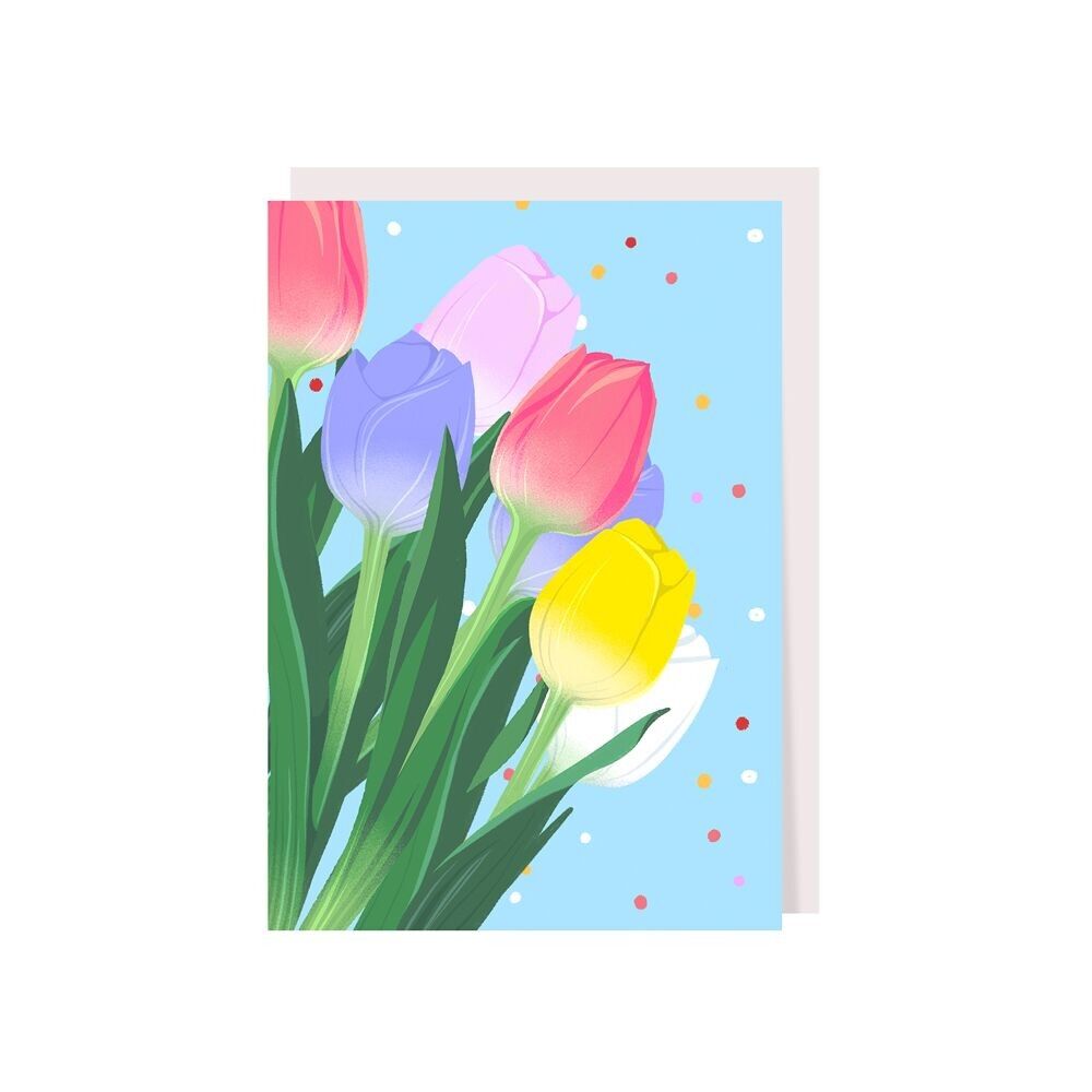 Biglietto di auguri illustrato con fiori di tulipano