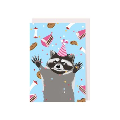 Biglietto d'auguri per procione con illustrazione di torta e coriandoli