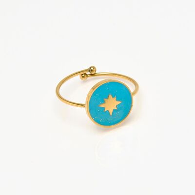 Anello in acciaio inossidabile dorato con stella in smalto turchese lucido regolabile