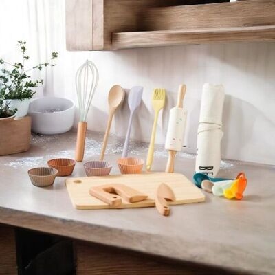 Set di accessori da cucina in silicone e legno per bambini