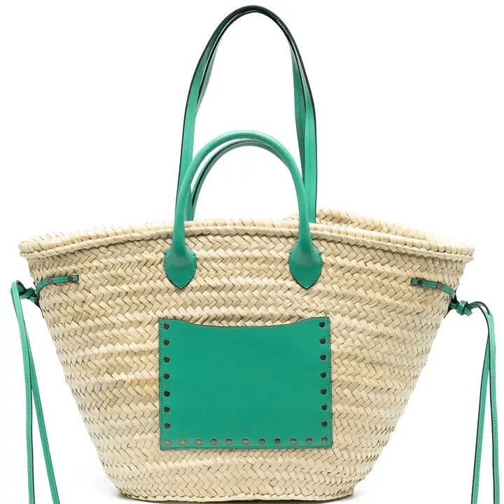 Sac cabas chic en paille cloutée et cuir violet - Designer Market Basket