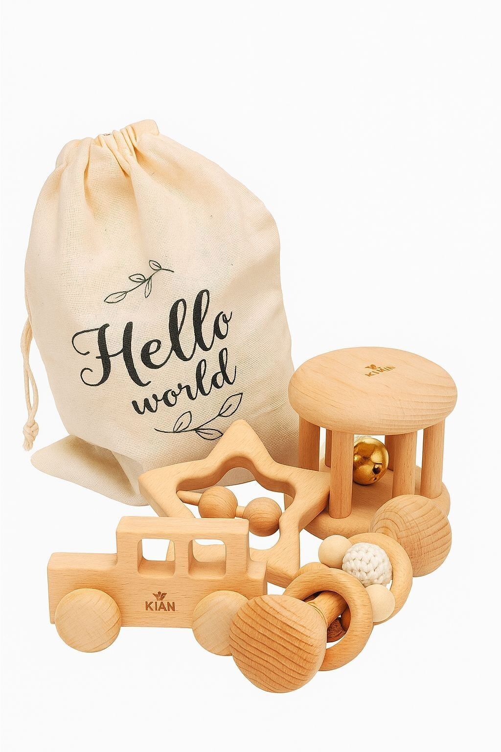 Ensemble de jouets en bois Hello World – hochet, voiture, hochet étoile, grelot
