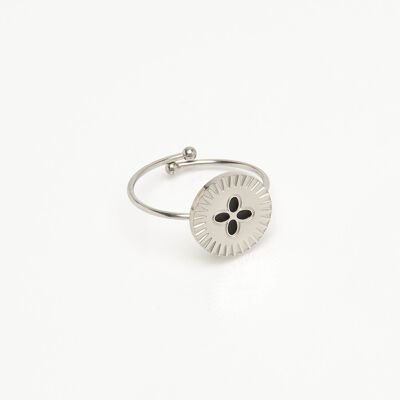 Anillo ajustable de acero con flor negra esmaltada en plata