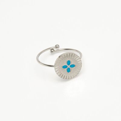 anillo de acero inoxidable plateado esmaltado con flor turquesa ajustable