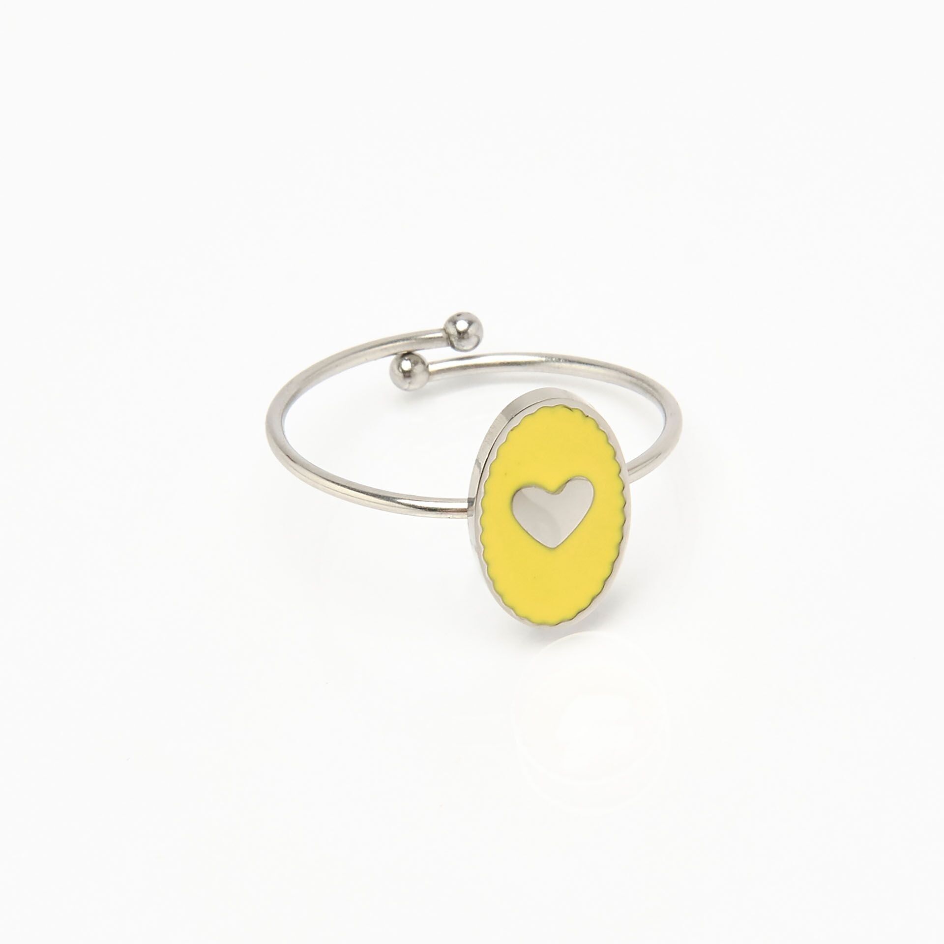 Silberner Edelstahlring, gelbe Emaille, verstellbares Herz