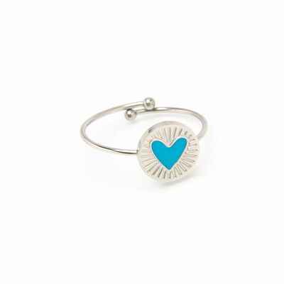 anello in acciaio inossidabile argentato con cuore soleggiato in smalto turchese regolabile