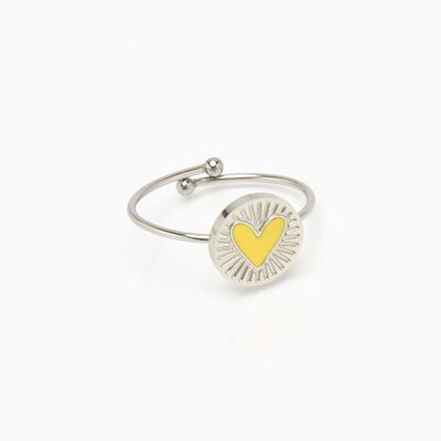 anillo ajustable de acero inoxidable plateado con esmalte amarillo soleado