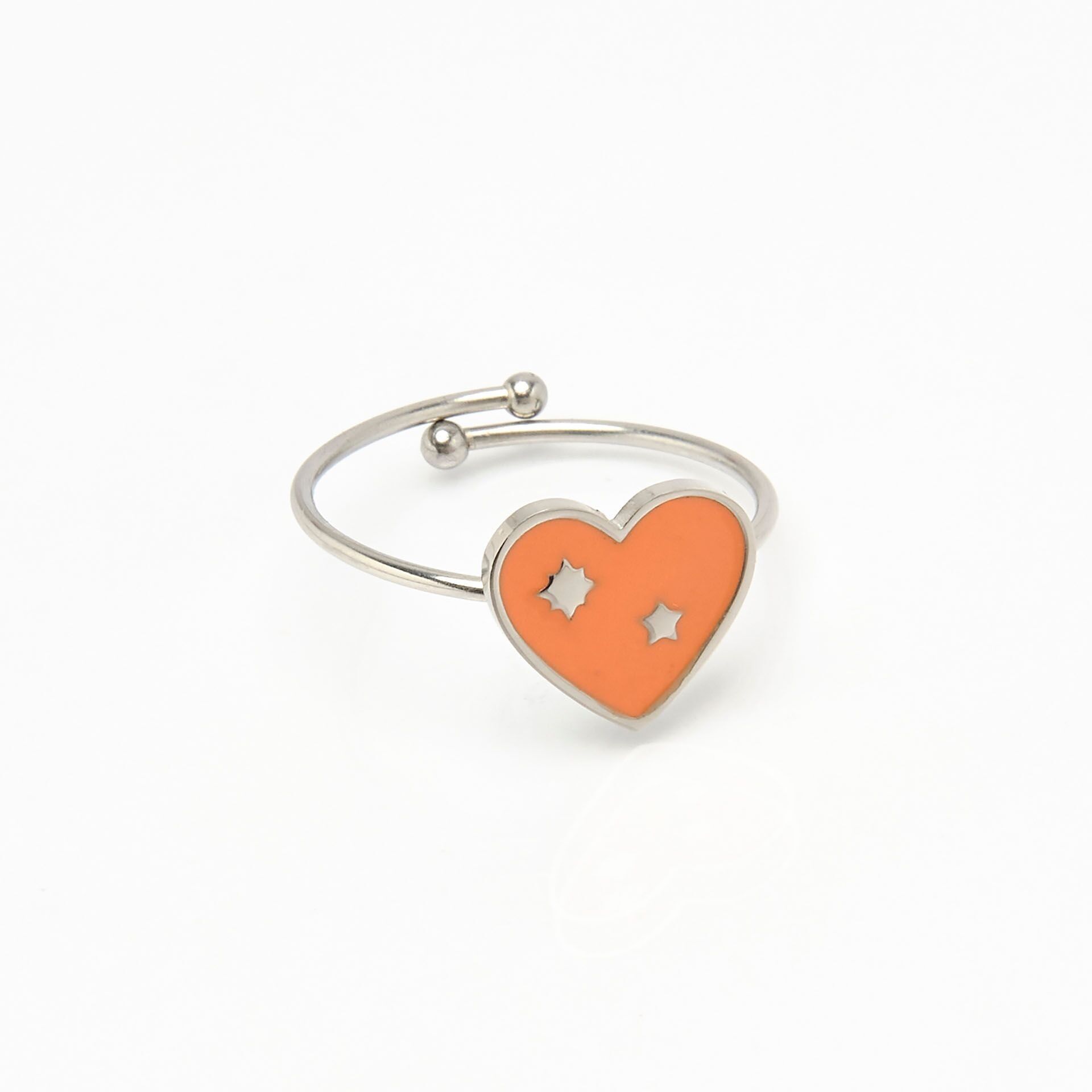 Anillo de acero inoxidable plateado esmalte naranja corazón estrellado ajustable