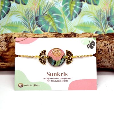 Bracelet Chaîne Doré Réglable en Acier Inoxydable avec Pendentif en Résine Fleurie