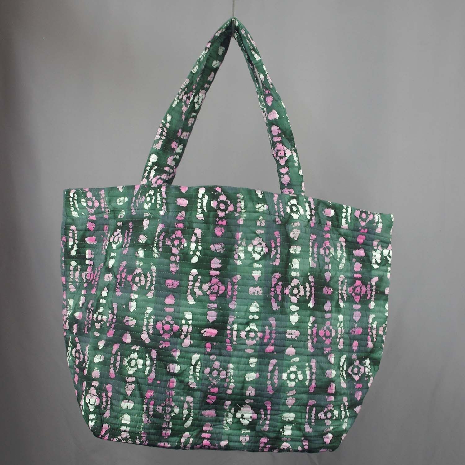 Bolsa de compras / playa grande acolchada de algodón - Batik verde