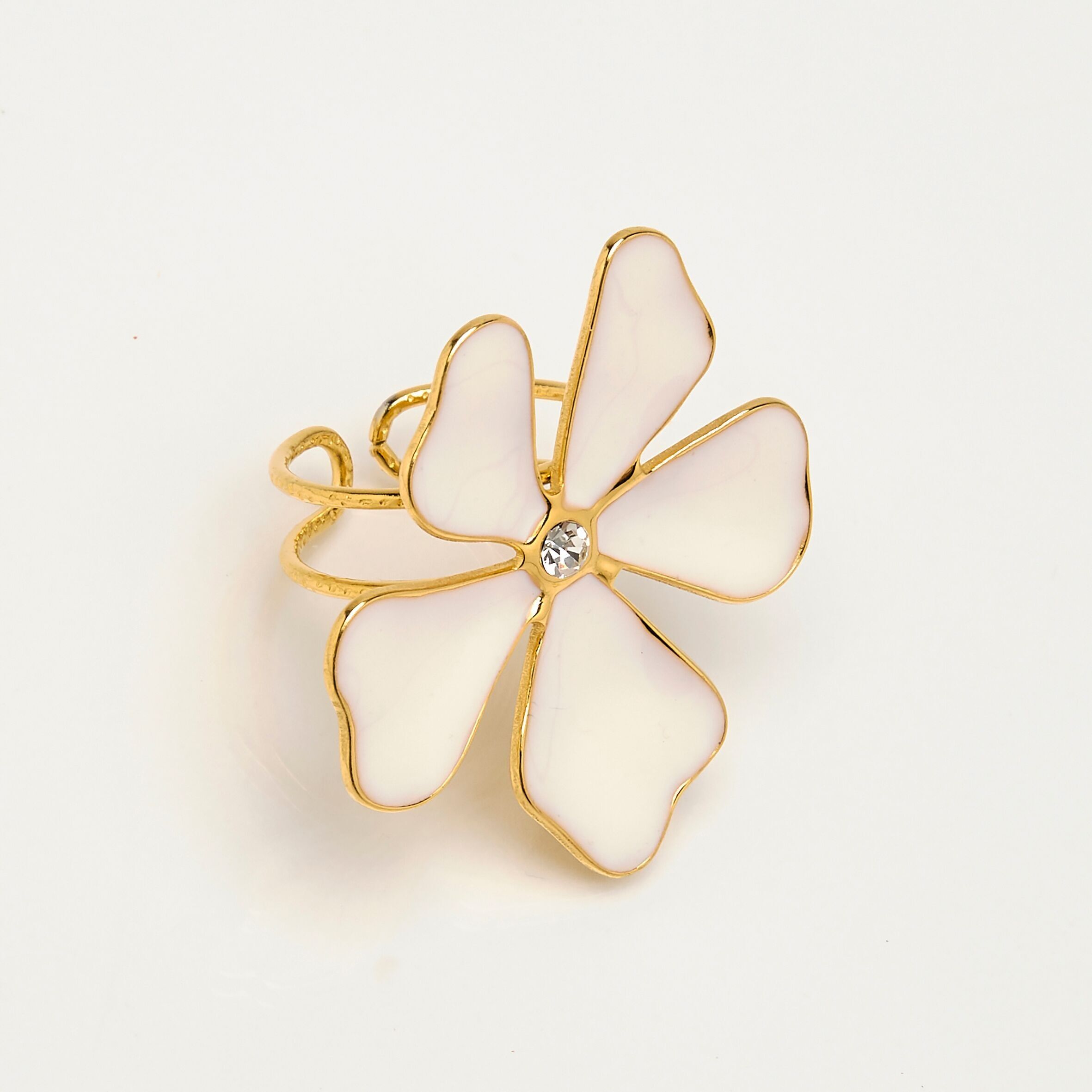 Anello regolabile in acciaio inossidabile dorato con email beige e fiore di strass