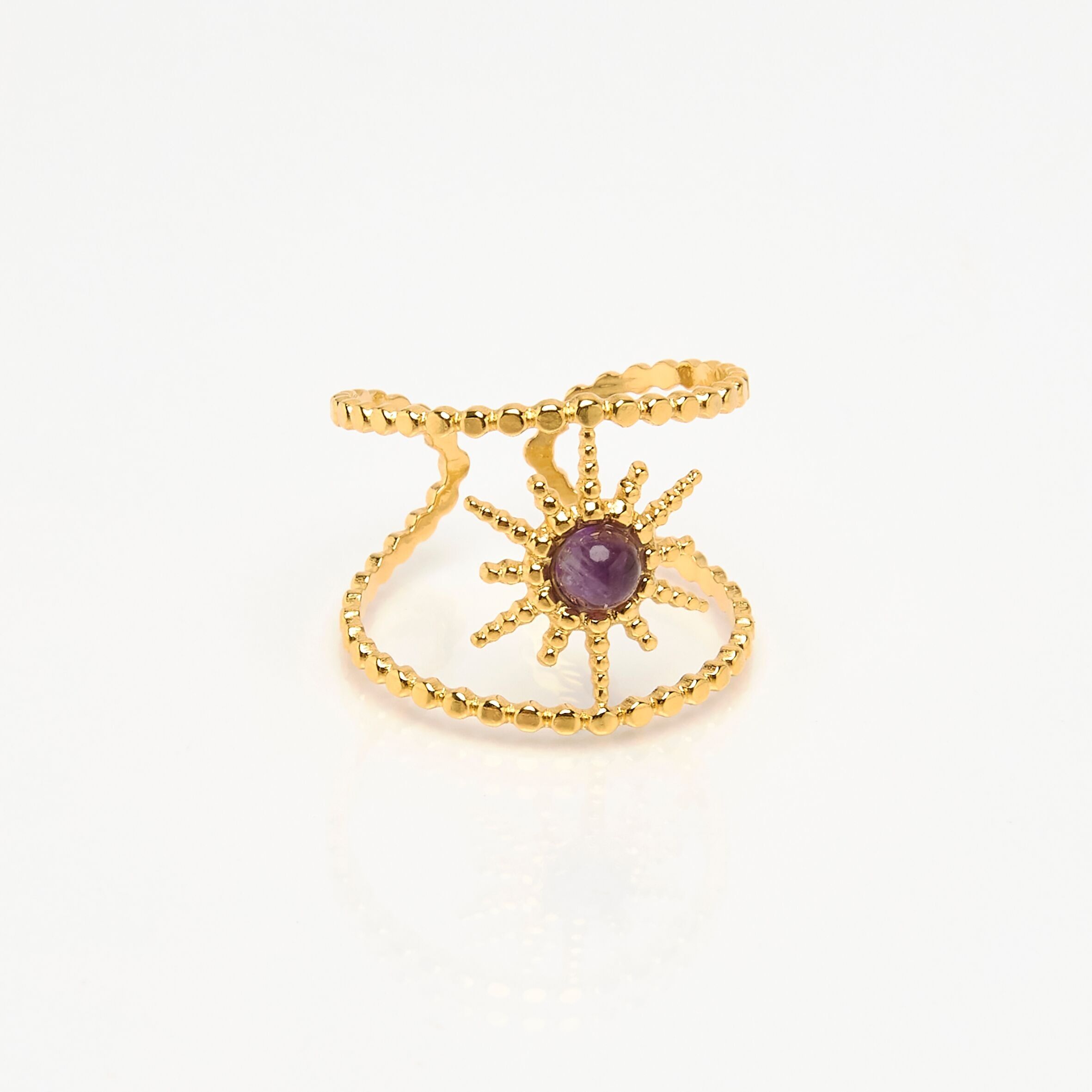 Anello regolabile in acciaio inossidabile con pietra di ametista solare