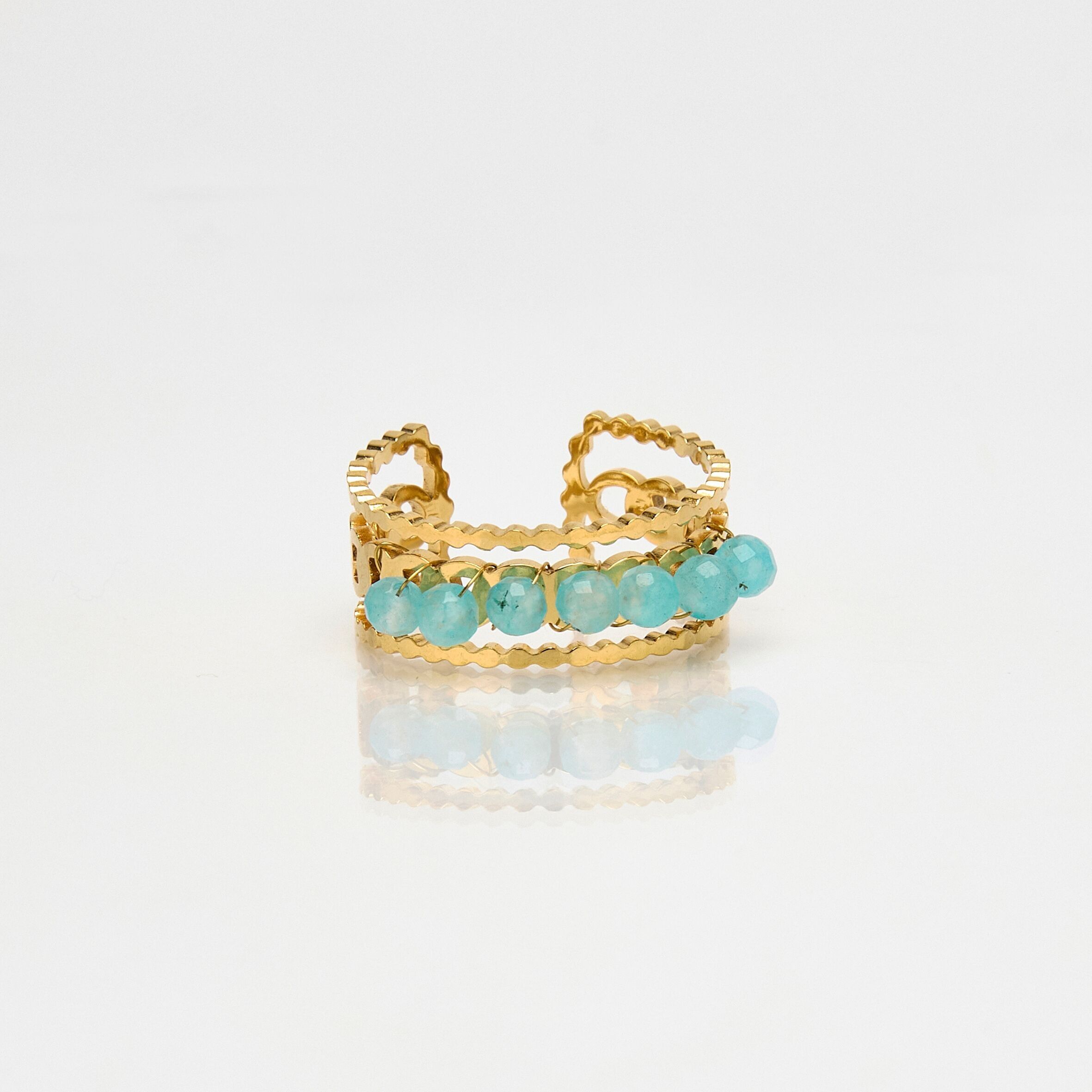 Anello in acciaio inossidabile con pietre di cristallo di rocca color turchese montate su filo d'acciaio regolabile