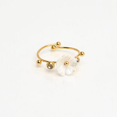Gold stainless steel ring with rhinestones and luminous white flower